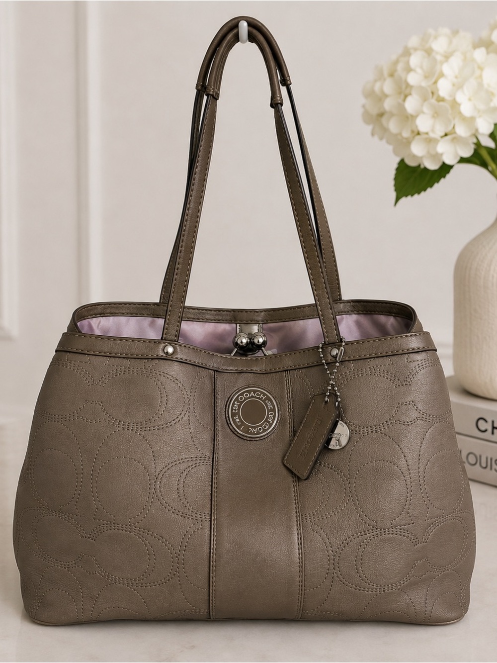 Coach Madison Sophia Kisslock Satchel Metallic Pewter Leather Shoulder Bag
